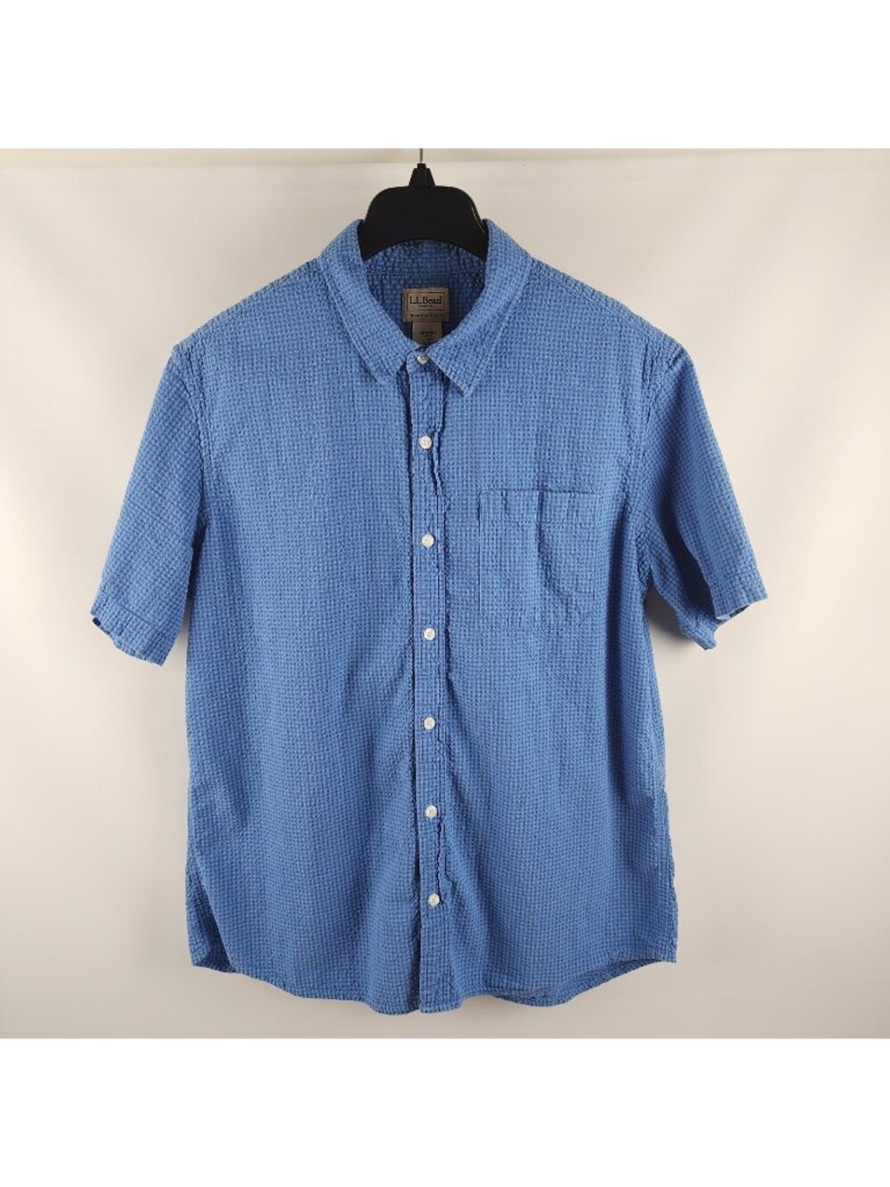 LL Bean Shirt Mens L-Reg Blue Organic Cotton Seersucker S/S Button Up
